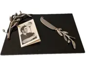 Michael Aram Olive Branch Cheeseboard / Knife 112164 Black Granite Silver Trim