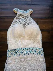 ENVIOUS SPARKLE LACE MESH WHITE IVORY BEADED GEMS PROM FORMAL GOWN DRESS SIZE 6