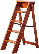 Step Ladder 5 Step Stool, Thicken Solid Wood Ladders with Wide Pedal, Folding Household Ladder with Anti-Slip Safety Steps, Flower Rack, Storage Rack Holder(Walnut)