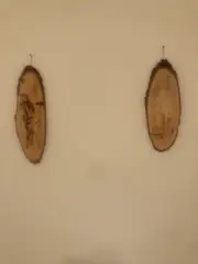 Vintage Matching Pair Chinese Oval Feng Shui Pyrography Wood Slab Oval Plaque