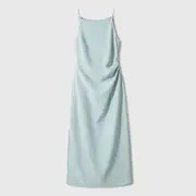 Spaghetti Strap Plain Side-Slit Midi Sheath Dress Green - S