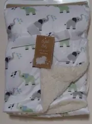 Stylish Baby White Green Gray Elephant Ivory Sherpa Baby Blanket