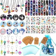 84 PCS Outer Space Astronaut Party Favor Set with Bracelet Tattoo Sticker Rocket Light Key Chain Space Pendant Badge Gift Bag Card Accessories for Kids Birthday Party