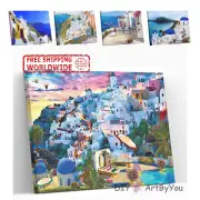 Paint By Numbers Kit Santorini Ocean Framed Painting DIY Draw Oil Canvas Adult