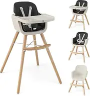 BABY JOY Baby High Chair, 3-in-1 Convertible Wooden Highchair for Babies & Toddlers, Infant Feeding Chair w/ 5-Point Safety Harness, Footrest, Adjustable Legs, Removable Tray & PU Cushion (Black)