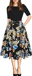 [oxiuly] Women's Vintage Patchwork Pockets Puffy Swing Casual Party Dress OX165 (Black Floral, 3X_l), Black