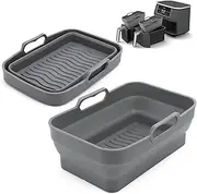 Air Fryer Silicone Liners Pot for Ninja Foodi Dual DZ090 6QT, 2 Pack Reusable Air Fryer Silicone Replacement Basket Bowl, Collapsible Baking Tray for Air Fryer Accessories (Gray)
