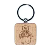 Polar Bear in Sweater Engraved Wood Square Keychain Tag Charm