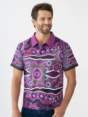 Indigenous Mens Purple Print Polo