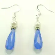 Blue Briolette Agate Earrings with Pearls Handmade Jewelry