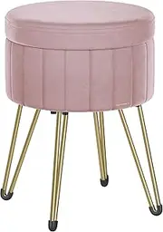 SONGMICS Round Stool, Stool with Storage Space, Velvet Dressing Table Stool, 39 cm d, 44.4 cm H, 4 Metal Legs, for Dressing Room, Living Room, Bedroom, Pastel Pink LOM003R01