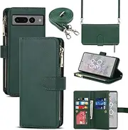 Cavor for Google Pixel 7 Pro Case 6.7 inch PU Leather Folio Flip Wallet Back Cover Magnetic Case with Long Shoulder Lanyard Zipper Coin Purse 9 Card Holder Kickstand Wristlet Strap-Green