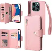 YocoverTech for iPhone 14 Pro Max Case,for iPhone 14 Pro Max Wallet Case[6 Card Slots and 1 Zipper Coin Pocket] PU Leather Stand Flip Cover with Wrist Strap[6.7 inch]-Pink