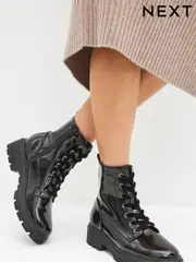 Black Textured Patent Standard/Wide Fit Forever Comfort® Lace-Up Boots (D90457) | $75