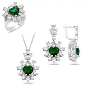 Heart Emerald Stone Silver Jewlery Set, 925K Emerald Earring, Ring and Necklace