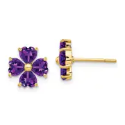14k Yellow Gold Heart-shaped Amethyst Flower Post Earrings