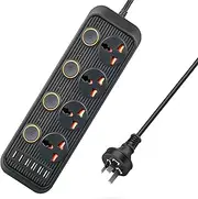 Power Board Individual Switch Overload Protection, Universal 4 AC Outlets and 6 USB, Power Strip with 1.8M Extension Cord 10A 3000W Surge Protection, Powerboard for Travel,Hotel, Home Office Use Black