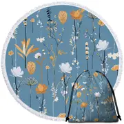 Golden White Flower Garden Round Beach Towel