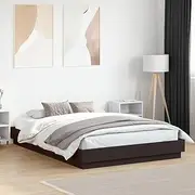 Bed Frame Queen Size, Black Wooden Bedframe with Slats and LED, Bedroom Furniture, Base for Mattress 150x200 cm