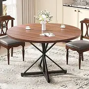 ONBRILL 47” Inch Round Dining Table for 4-6 Person, Kitchen Dinner Table with Large Wood Countertop and Metal Legs, Modern Circle Dining Table for Kitchen, Dining Room, Walnut & Black