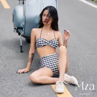 在飛比找momo購物網優惠-【Mia Boutique】復古格紋繞頸綁帶比基尼