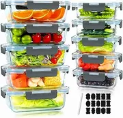 [Welbellete] 10 Pack Glass Food Storage Containers with Snap Lids (1040ML & 370ML) - Airtight Glass Meal Prep Containers, Leakproof Glass Lunch Containers for Microwave, Oven, Freezer and Dishwasher