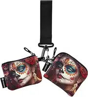 [XYMZR] Mini Zip Around Wristlet keychain Wallet Sugar Skull Woman for Women Personalized Pattern Detachable Dual Pouch Wristlet Portable Wallet Phone Coin Purse, Multi-colored, One Size