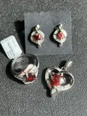 NEW Earrings Pendant & Ring Set white Fire Opal inlay 925 sterling silver f