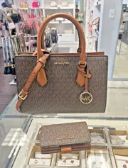 Michael Kors Shiela MD Satchel Xbody Handbag + Bifold Zip Coin Wallet Set- Brown