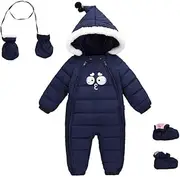 [Happy Cherry] Baby Toddler Unisex SNOWSUIT Navy Blue Long Sleeve Hooded Neck Down Cotton Water Resistant Winter Outerwear Jumpsuit 6-48 Months