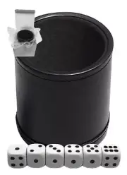 (6) 16mm Dot Dice White Black + PU Leather Black Felt Lined Dice Cup Gift Boxed