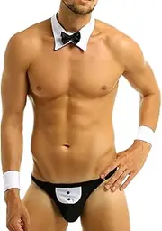 [RUNQHUI] Men's Lingerie Suit G-string Thong Waiter Thongs With Bow Tie Cosplay Fancy Dress Up Nightwear