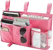 Bseash 8 Pocket Bedside Storage Bag Caddy Hanging Organizer Improved With 3 POM Buckles - Best For Headboards Bed Rails Dorm RoomsBunk Beds Hospital Beds （Pink）