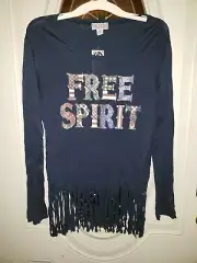 *NWT FREE SPIRIT FRINGED TUNIC TOP Long Sleeve NAVY SIZE L by PINK CATTLELAC NWT