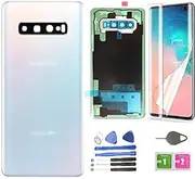 Galaxy S10 Plus Back Glass Cover Replacement Housing Door (Waterproof) with Camera Lens and Frame +Tape Parts for Samsung Galaxy S10 Plus S10+ SM-G975U/W/F/DS + Tools (Prism White)