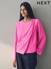 Pink Asymmetric Drape Long Sleeve Top (AA8234) | $32