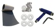Skateboard Package BLACK GRIPTAPE 54MM WHITE WHEELS ABEC 9 BEARINGS, BLUE TOOL