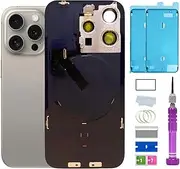 15 Pro Max Back Glass Replacement with Plate & Flex Cable and All Parts for iPhone 15pro Max Back Cover Glass (Natural Titanium, 6.7 Inch) + Waterproof Tape + Repair Tools (Natural Titanium)