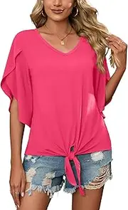 [SUEANI] Women's Tie Front Blouses V Neck 3/4 Split Sleeve Summer Knot Tops Shirts