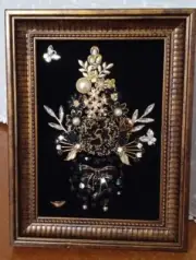 Black Floral Jeweled Framed Art, Jewelry Collage, Vintage , One of a Kind Gift