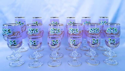 Top czech bohemia pink glass set 18 pcs. decorated gold and enamel