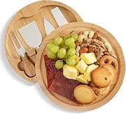 Emapoy Round Bamboo Charcuterie Board and Knife Set with Slide-Out Drawer, Wooden Cheese Board with Cutlery Cutting Set, Housewarming Gift