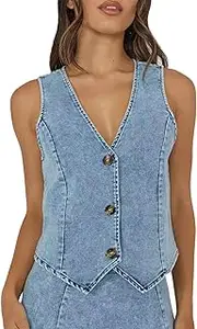 [cffvdiz] Women's Denim Vest Tops Sleeveless V Neck Button Front Summer 2025 Slim Fit Jean Vest