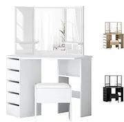 ALFORDSON Corner Dressing Table and Stool Chair Set with 3-Panel Mirror, Makeup Vanity Desk with Mutiple Shelves & Side Cabinet Drawers, Dresser Organiser for Women Bedroom Dress Room, White