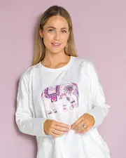 Anika Fleece L/S Tee - White/Lilac Elephant