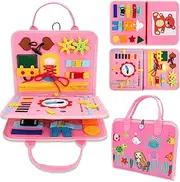 Busy Board, Toddler Travel Toys, Sensory Activity Developing Board Toys for Preschool,Quiet Book Educational Toys,Montessori Learning Early Education Travel Toy for Toddlers Ages 1-3 Busy Board (Pink)