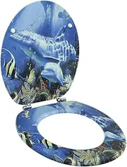 WC Toilet Seat with MDF Lid in Dolphin Design - Durable and Stylish for Any Bathroom, Seat Size 43.7 x 37.8 cm, Hinges Adjustable from 12 to 20 cm, Easy Install & Clean, Universal Fit