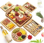 Charcuterie Boards Deluxe Gift Set - 23 Pieces, Bamboo - Large Cheese Board Plus Fruit Tray for Birthday Party Present w/ Utensil Drawer, Knives, Forks, Condiment Dishes, Chalks & Wine Opener