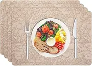 Placemats Set of 4, Faux Leather Table Mats 12 X 18 Inch - Heat Resistant Non-Slip Embossed Floral Place Mats Waterproof Oilproof Wipeable Placemats for Kitchen/Dining/Party, Khaki