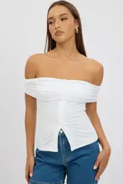 White Off Shoulder Top Rib - Size 12M, Women's Top
